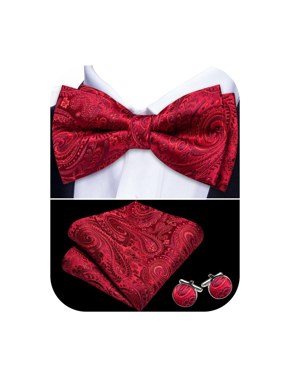 2017 Red Bow Tie Paisley Solid Silk Pre-Tied Bowtie Pocket Square Cufflinks
